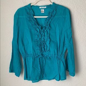 Richard Malcolm Linen Blue Flutter Sleeve Ruffled Blouse Lightweight Size XL